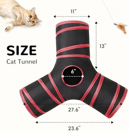 Tempcore Cat Tunnel, 3-Way Collapsible Toy for Indoor Cats, Black & Red
