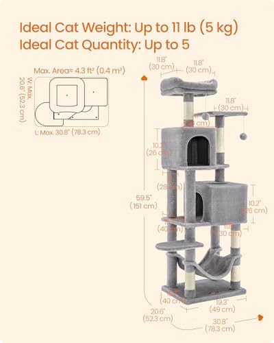 Feandrea Cat Tree, 59.5-Inch Tall Cat Tower, Multi-Level Condo, Light Gray