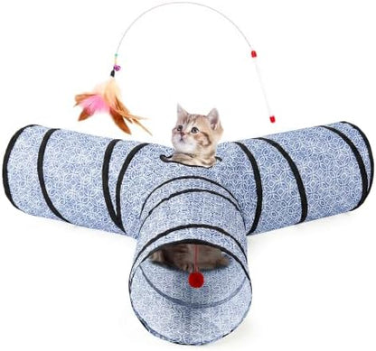 Tempcore Cat Tunnel, 3-Way Collapsible Toy, Large Size Blue Coin