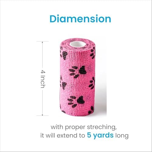 WePet Pet Wrap, Self-Adhesive, Only Sticks to Itself, Non-Woven Tape for Dog Legs, Paws, Wounds, First Aid Cohesive Gauze for Horse, Cat, Bird, Animal, 6 Rolls, 4 Inch, Pawprints B