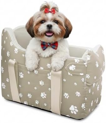 Dog Car Seat for Small Dogs (Under 15 lbs) – Center Console Pet Carrier with Safety Belt, Storage Pockets & Removable Washable Cover (Khaki Car Seat)