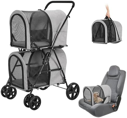 Double Pet Stroller for 2 Cats or 2 Dogs with Detachable Carriers