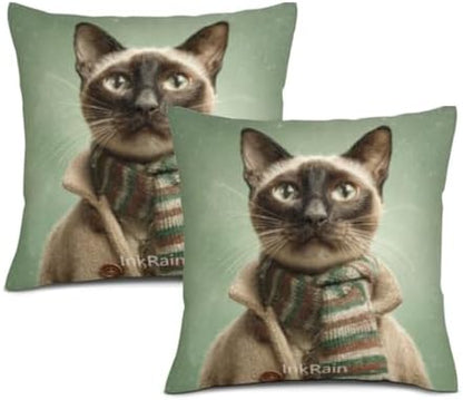 InkRain Winter Animal Cute Siamese Cat Pillow Cover 28x28 Inch Set of 2 Home Decor Decorative Cotton Linen Illustration Pillowcases for Living Room House Sofa