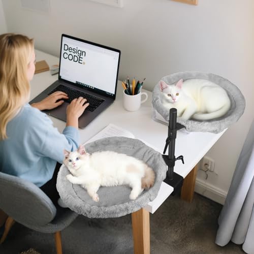 Double Cat Desk Bed - 2 Large Layers Cat beds with 360° Rotating & Adjustable Height, 16.5 inch Kitten Nest for Desktop with 2 Washable Soft Covers, Kitten Hammock Bed Mount for Home Office Grey