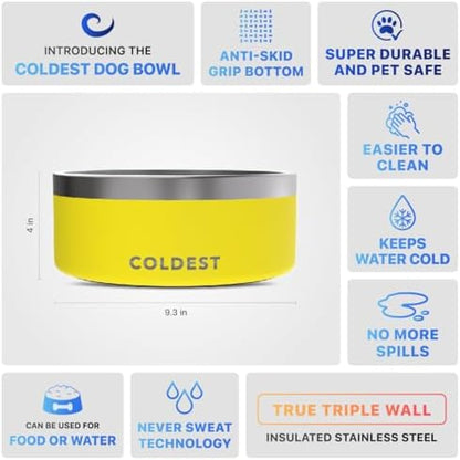 Coldest Dog Bowl - Anti Rust Metal, Non Slip, 3 Layers Insulated Stainless Steel Dog Bowls - Spill Proof & Heavy Duty - Water Bowl for Dogs, Cats & Pets, Dish Washer Safe (100 oz, Solar Yellow)