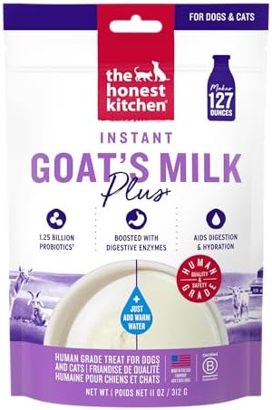 The Honest Kitchen Instant Goat’s Milk with Probiotics for Dogs and Cats, Human Grade Powder Drink Mix, Digestive Health Support, Food Topper or Treat, Just Add Water, 11 oz Pouch Makes 127 oz