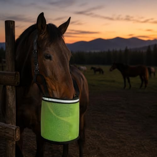 Horse Feed Bag,Heavy Duty Muzzle Feed Bag with Adjustable Strap,Comfort Neck Pad,Nose Pad and Double Waterproof Bottom Mesh Feed Bags for Horse Pack of 2 (Green & Pink(Reflective))
