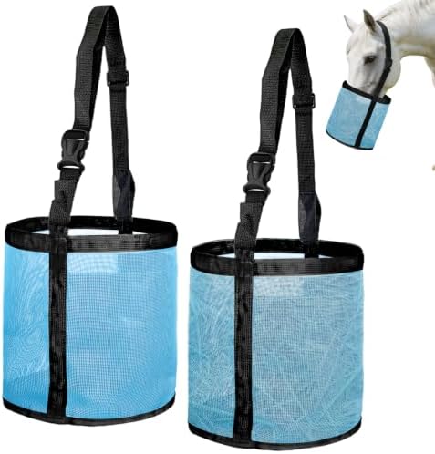 2Pcs Horse Feed Bag for Grain, Heavy Duty Mesh Grain Feeder with Adjustable Strap and Waterproof Bottom, Comfortable Neck Pad Horse Muzzle Feed Bag, Blue