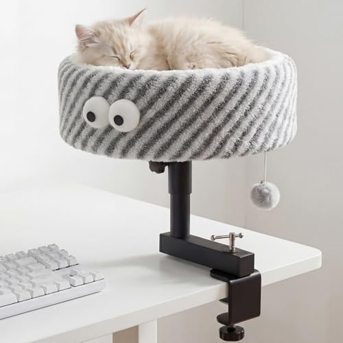 Cat Desk Bed, 2-in-1 Clamp On Desk Mount Perch & Nest, 360° Rotating Adjustable, 60 LBS Safe Weight Capacity, Washable Cushion for Small & Large Cats, Home Office Desk Hammock (Gray)
