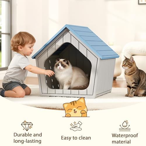 Cat Litter Box Enclosure, Resin Outdoor Litter Box with Air Holes, Cat Houses for Outdoor Cats, Wide Opening Design for Easy Cleaning, Blue
