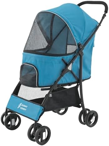 4 Wheels Pet Stroller,Easy-Foldable Dog Cat Cage Jogger Stroller with Weather Cover for All-Season,Storage Basket and Visible Mesh for Small/Medium Pets up to 33lbs (Blue)