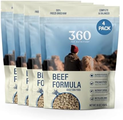 360 Pet Nutrition Freeze-Dried Raw Dog Food – Beef Recipe with Liver & Organs, High Protein with Omega-3s, Fruits, Veggies & Superfoods, Grain-Free, No Fillers 4 x 16 oz Made in USA