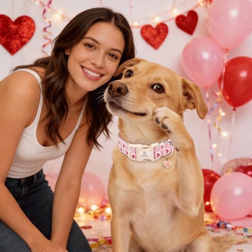 Lionheart glory Valentine's Day Dog Collar - Pink Heart Dog Collar Adjustable Soft for Large Girl Boy Dogs Spring Party Holiday Pet Collars
