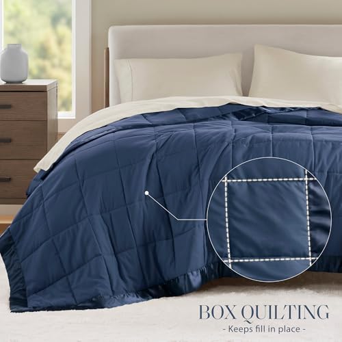 Madison Park Down Alternative Twin Size Blanket for Bed, Satin Trim, Navy