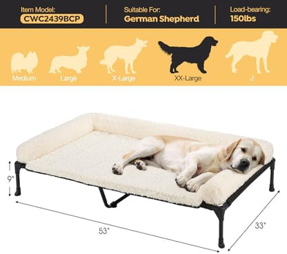 Veehoo Orthopedic Elevated Dog Bed Add Removable Deluxe Rose Plush Bolster Cushion Mat, 53" x 33" Washable Dog Couch Bed, Raised Pet Cot with Breathable Teslin Mesh, No-Slip Feet, White, CWC2439B