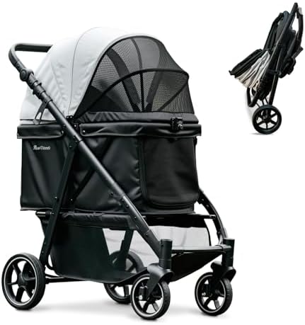 Medium Dog Stroller, Foldable Pet Stroller with Adjustable Handle & No Zip Entry, Storage Basket & Cup Holder, Canopy, Mesh Windows, Ideal for Medium Dogs and Cats Up to 50lbs, Black