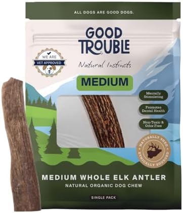 Good Trouble Premium Elk Antlers for Medium Dogs – 1 Pack Whole - Shed Antler Chews for Dental Health & Calming- Durable Dog Bones for Aggressive Chewers - Cruelty-Free, North American Sourced