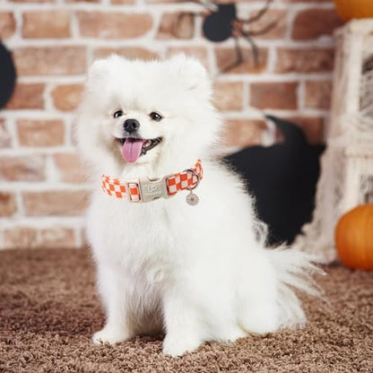 Gingham Fall Dog Collar – Adjustable Orange Picnic Checkered Dog Collar with Daisy Pendant, Classic Autumn Dogs Collars for Girl Boy Dogs