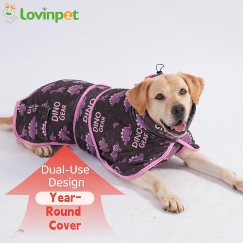 LovinPet 3-in-1 Dog Warm Winter Coat & Bathrobe, Blue, Dinosaur Fleece, M