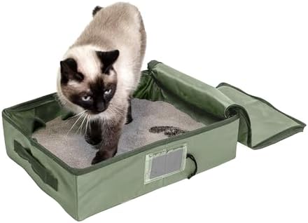 SportPet Designs Portable Travel Litter Box for Cats, Large Collapsible with Zippered Lid, Water-Resistant & Leak-Resistant Cat Litter Tray for Travel, Green
