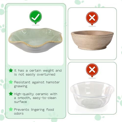 BNOSDM Shallow Ceramic Hamster Food Dish 2 Pcs Small Animals Food Bowl Lotus Feeding Dishes for Gerbils Mice Rats 4.5in (Green)