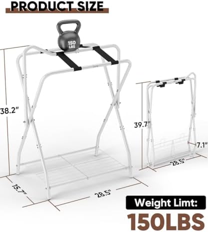 Queension Foldable Saddle Rack with Bottom Storage for Horse Stable, White
