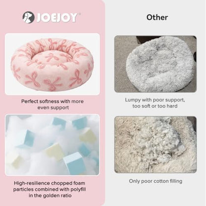 JOEJOY Jacquard Donut Round Small Dog Beds,Pink 23x23x8in, Removable Washable Cover, Cute Pattern, Ultra Soft Fluffy Calming Pet Bed with Thick Supportive Bolster