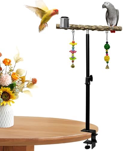 18-27 Inch Height Adjustable Bird Perch Pepper Wood Desktop Bird Training Perch Stand with Feeding Cups and Swing Toy Parakeet Perches Indoor and Outdoor Parrot Stand for Small to Medium Birds