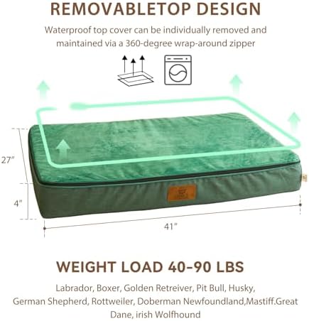 LIORCE Memory Foam XL Dog Bed - 4” Thick Orthopedic Beds for Extra Large Dogs - Waterproof Dog Bed with Removable Washable Cover & Wrap-Around Zipper - Ultimate Comfort and Easy Maintenance, Green