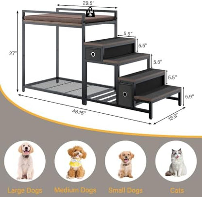 kepptory Dog/Cat Window Perch with Stairs and Seat Cushion, Pet Bunk Bed with Storage Drawers, Bedside Dogs Cot for Small, Medium Cats & Dogs, Pet Stairs Ramp(Brown)