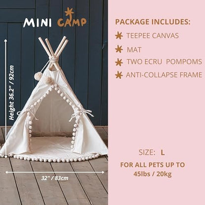 MINICAMP Pet Teepee Bed for Dogs and Cats – Cozy Indoor Dog Tent with Natural Cotton– Luxury Pet House & Hideaway Bed for Small to Large Dogs, Cats & Small Animals - Made in EU (Large)