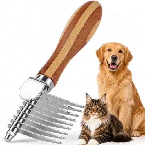 Pet Dematting Comb for Dogs & Cats, 45° Stainless Steel Undercoat Rake Removes Mats, Knots, Tangles & Loose Fur, Grooming Brush for Long & Short Haired Pets, Ergonomic Natural Bamboo Handle