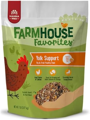 Manna Pro Farmhouse Favorites Fly & Fruit Yolk Support Chicken Treat, Scratch, Insect & Fruit Blend for Poultry & Turkeys, Calcium & Omega-3 Support for Deep Golden Yolks, Poultry Treat, 7lb