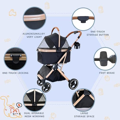 Chihuahua 3-in-1 Foldable Pet Stroller 4-Wheel for Small Dogs,Black