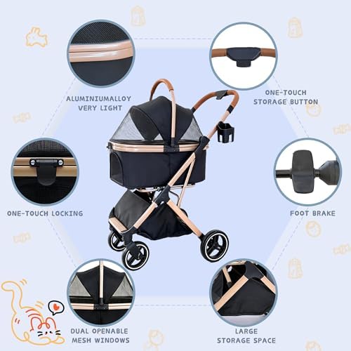 Chihuahua 3-in-1 Foldable Pet Stroller 4-Wheel for Small Dogs,Black