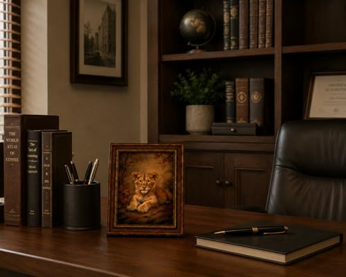 Framed Vintage Style Wall Art Cute Lion Cub In A Rustic Forest Setting Canvas Print Poster Farmhouse Style Artwork Suitable For Bedroom Or Living Room 8x10 Inches Ready To Hang Or Display On A Tabletop