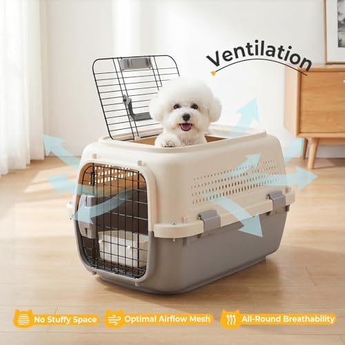 NEWBULIG 23" Hard-Sided Dog Carrier for Small Dogs & Cats - Beige & Grey