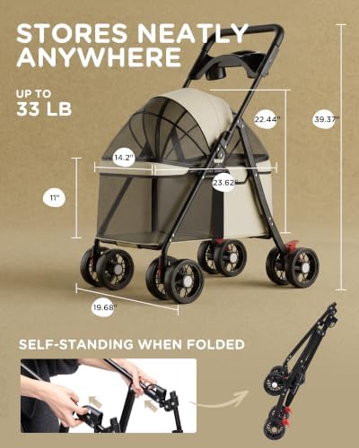 GTPLAYER Foldable Pet Stroller for Small Dogs and Cats, Holds Up to 33 lb, 4-Wheel Stroller with 2 Safety Tethers, Breathable Mesh, Lockable Front Wheels, Cup Holder/Tray & Storage Pocket, Cream