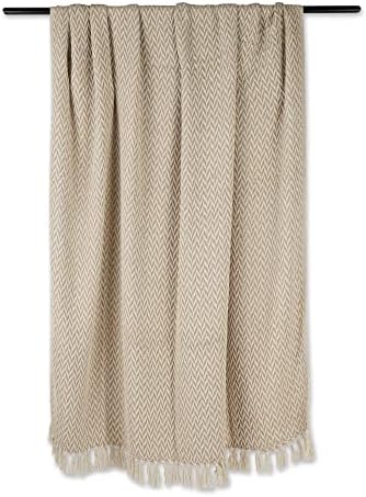 DII Modern Zig Zag Throw Blanket Woven Cotton, Hand-Knotted 2.5" Fringe, 50x60, Stone