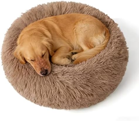 Calming Donut Dog Beds Large Sized Dog - Washable Removable Cover Non-Slip, Round Pet Bed Warming Fluffy Plush Faux Fur Anti-Anxiety Thick Cushion, Fits up to 80 lbs (Camel, 36")