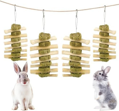 kathson Natural Bunny Toys for Rabbits,4 PCS Hanging Rabbit Chew Toys Treats with Timothy Hay Cakes & Sweet Bamboo Stick,Reduce Boredom,Keep Dental Health,Chewing Toys for Guinea Pigs Bunny Hamster