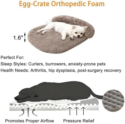 Orthopedic Dog Bed with Egg-Crate Base, Calming Dog Beds Fluffy Plush Faux Fur with Raised Edges, Spine Friendly Pet Sleeping Mat for Medium Large Dogs, Machine Washable (Oval, Brown 40"x30")