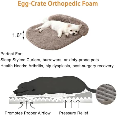 Orthopedic Dog Bed with Egg-Crate Base, Calming Dog Beds Fluffy Plush Faux Fur with Raised Edges, Spine Friendly Pet Sleeping Mat for Medium Large Dogs, Machine Washable (Oval, Brown 32"x24")