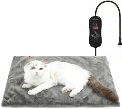 Cat Heating Pad, Heated Cat Bed with 5 Heat Levels, Timer & Auto Shut-Off, Waterproof Warmer with Thick Fleece Cover, Chew-Resistant Cord, for Indoor & Sheltered Outdoor Use (Gray, Small)