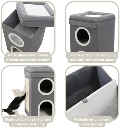 Trixie Saul Cat Condo | 2-Story Condo Tower | Scratching Surface | Foldable for Easy Storage | Gray