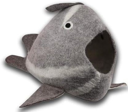 Whale Cat Cave — Felt Cat Cave Bed, Funny Cute Cat Bed, Handmade Wool Cat Cave for Indoor Cats, Fits 1 Large or 2 Small Cats, 20 x 14.5 Inch, Natural Wool Cat Hideaway