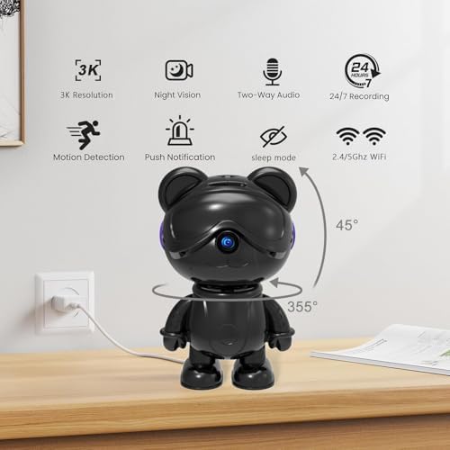 3K Indoor Camera Robot, Black Bear Baby Monitor & Pet Camera for Home