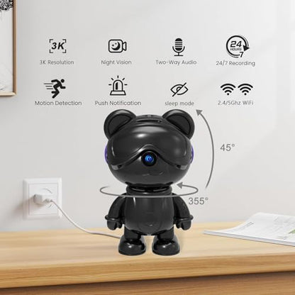 3K Indoor Camera Robot, Black Bear Baby Monitor & Pet Camera for Home