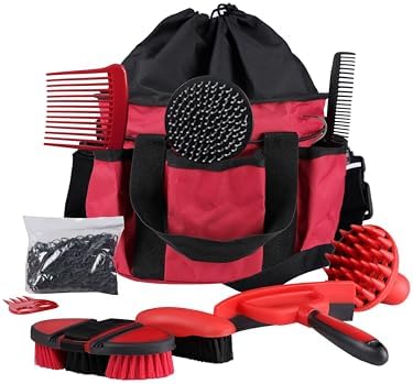 Harrison Howard Horse Grooming Kit 9 Piece with Tote Bag, Non-Slip Horse Brush Set for Shedding, Bathing, Hoof Care, Mane & Tail Grooming, Equine Grooming Supplies Red