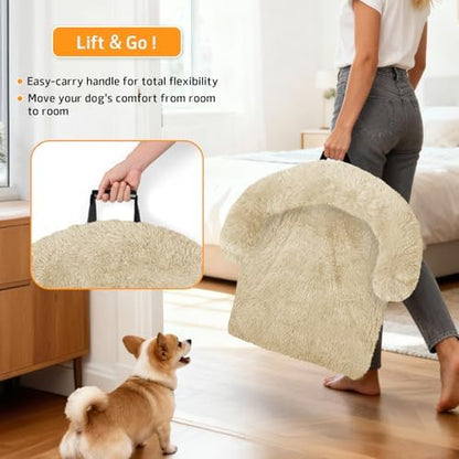 Calming Dog Bed Fluffy Plush Dog Mat for Furniture Protector with Removable Washable Cover for Large Medium Small Dogs and Cats (Extra Large (53x39.3x6), Beige)